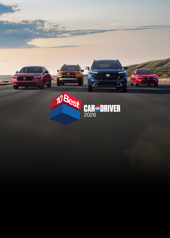2026 Honda Accord, Passport, CR-V and Civic Sedan front view driving on a coastal street with overlapping Car and Driver 10Best logo