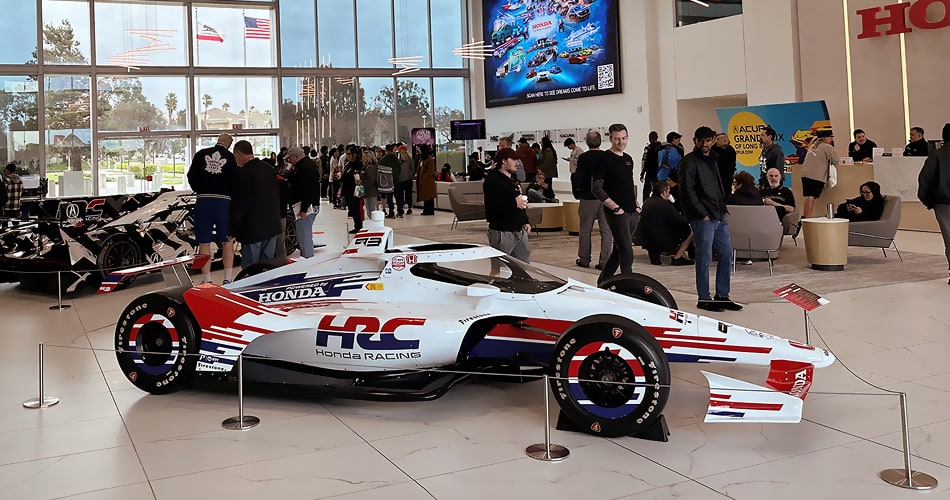 A Honda racing car (HRC) in The American Honda Collection lobby.