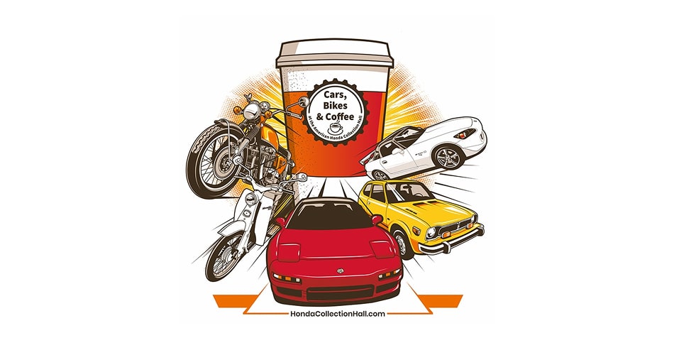 The American Honda Collection with its Cars, Bikes & Coffee logo.